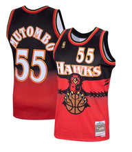 Load image into Gallery viewer, Men's Mitchell & Ness Dikembe Mutombo Atlanta Hawks Black and Red NBA Hardwood Classics Swingman Jersey