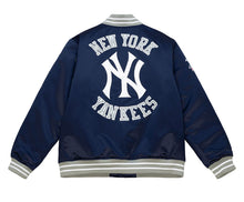 Load image into Gallery viewer, New York Yankees Mitchell &amp; Ness Heavyweight Navy Blue Satin Varsity Jacket
