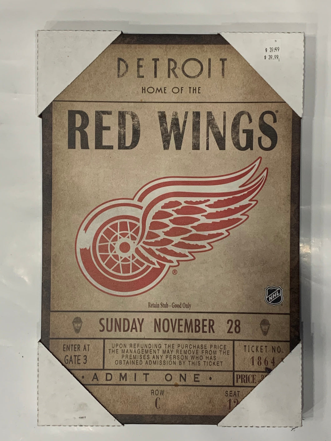 Detroit Red Wings Classic Ticket 18x12 Canvas