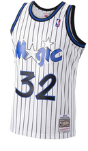 Load image into Gallery viewer, Men's Mitchell & Ness Shaquille O'Neal Orlando Magic White Pinstripe NBA Hardwood Classics Swingman Jersey