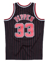Load image into Gallery viewer, Men’s Mitchell & Ness Scottie Pippen Chicago Bulls Black Pinstripe NBA Hardwood Classics Swingman Jersey