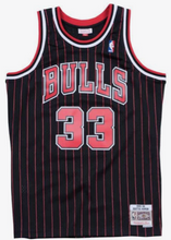 Load image into Gallery viewer, Men’s Mitchell & Ness Scottie Pippen Chicago Bulls Black Pinstripe NBA Hardwood Classics Swingman Jersey