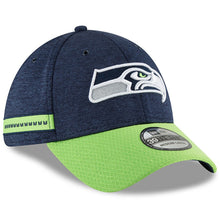 Load image into Gallery viewer, Men&#39;s New Era Navy/Neon Green Seattle Seahawks 2018 NFL Sideline Home Official 39THIRTY Flex Hat
