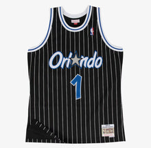 Load image into Gallery viewer, Men&#39;s Mitchell &amp; Ness Penny Hardaway Orlando Magic Black Pinstripe NBA Hardwood Classics Swingman Jersey
