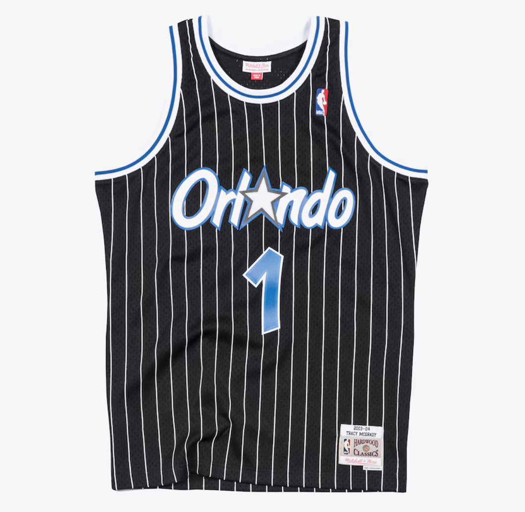 Men's Mitchell & Ness Tracy McGrady Orlando Magic Black Pinstripe NBA Hardwood Classics Swingman Jersey