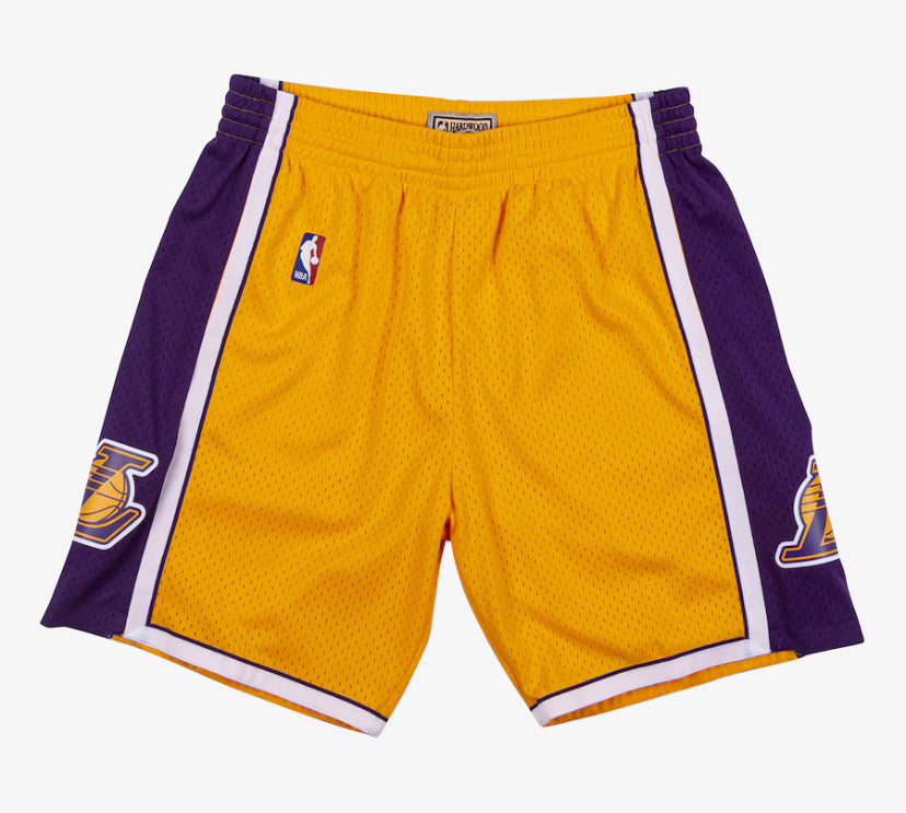Men's Los Angeles Lakers Mitchell & Ness Hardwood Classics Swingman Yellow & Purple Basketball Shorts