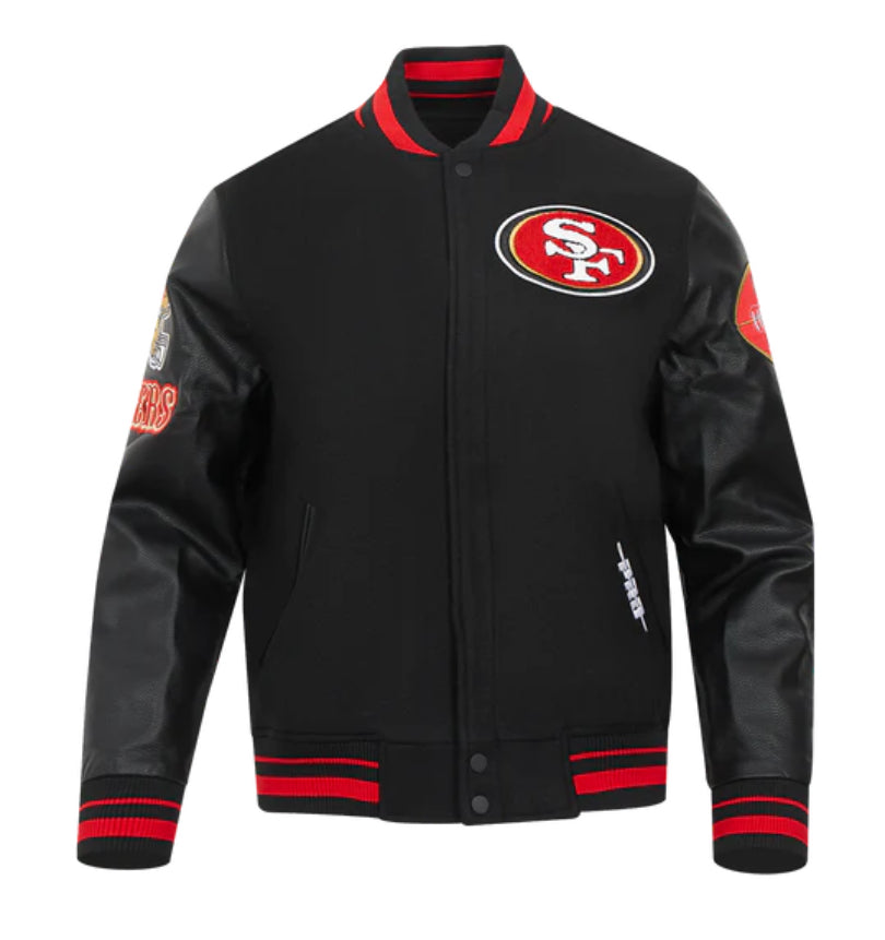 Men's San Fransisco 49ers Old English Super Bowl Black & Red Varsty NFL Jacket