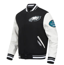 Load image into Gallery viewer, Men&#39;s Philadelphia Eagles Old English Super Bowl Black, White &amp; Green Varsity NFL Jacket
