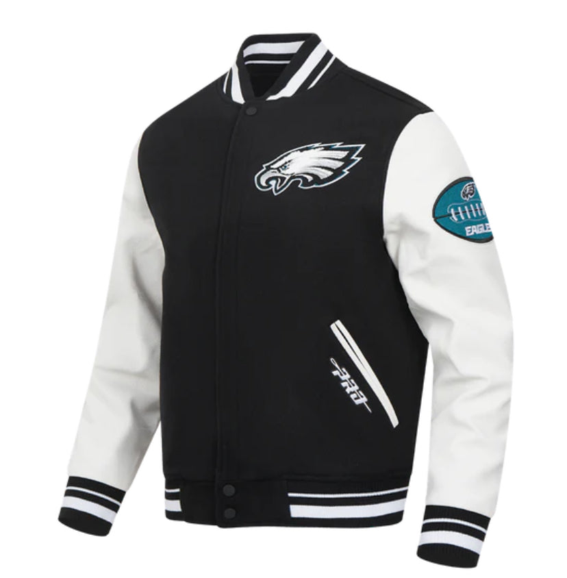 Men's Philadelphia Eagles Old English Super Bowl Black, White & Green Varsity NFL Jacket