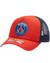 Load image into Gallery viewer, Paris Saint - Germain Fan Ink TR-28 Pro Trucker Snapback Red &amp; Blue Soccer Hat
