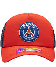 Load image into Gallery viewer, Paris Saint - Germain Fan Ink TR-28 Pro Trucker Snapback Red &amp; Blue Soccer Hat
