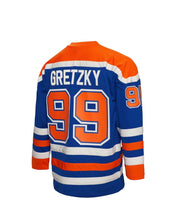 Load image into Gallery viewer, Men&#39;s Mitchell &amp; Ness Edmonton Oilers Wayne Gretzky Royal Blue &amp; Orange 1986-87 Captain&#39;s Patch Blue Line Vintage NHL Jersey
