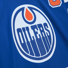 Load image into Gallery viewer, Men&#39;s Mitchell &amp; Ness Edmonton Oilers Wayne Gretzky Royal Blue &amp; Orange 1986-87 Captain&#39;s Patch Blue Line Vintage NHL Jersey
