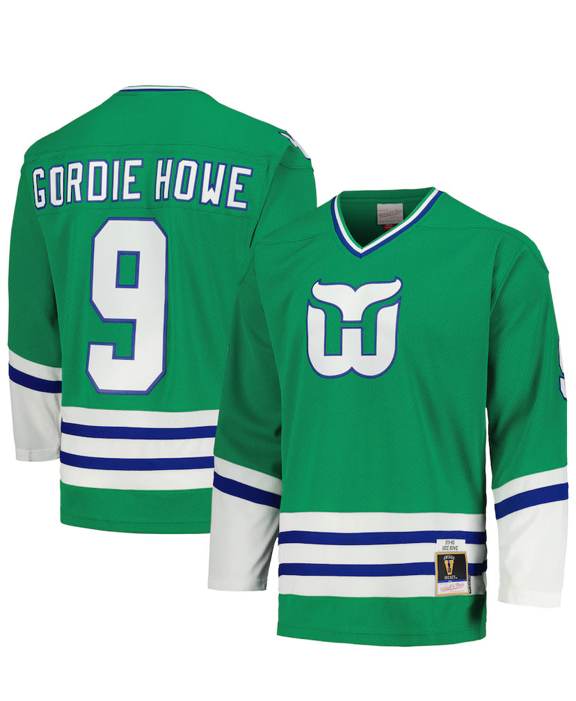 Men's Mitchell & Ness Hartford Whalers Gordie Howe Green 1979-80 Blue Line Vintage NHL Jersey