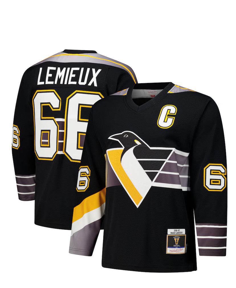 Men's Mitchell & Ness Pittsburgh Penguins Mario Lemieux Black 1996-97 Captain's Patch Blue Line Vintage NHL Jersey