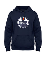 Load image into Gallery viewer, Men&#39;s Bulletin Edmonton Oilers Team Logo Express Twill Navy Blue Pullover NHL Hoodie
