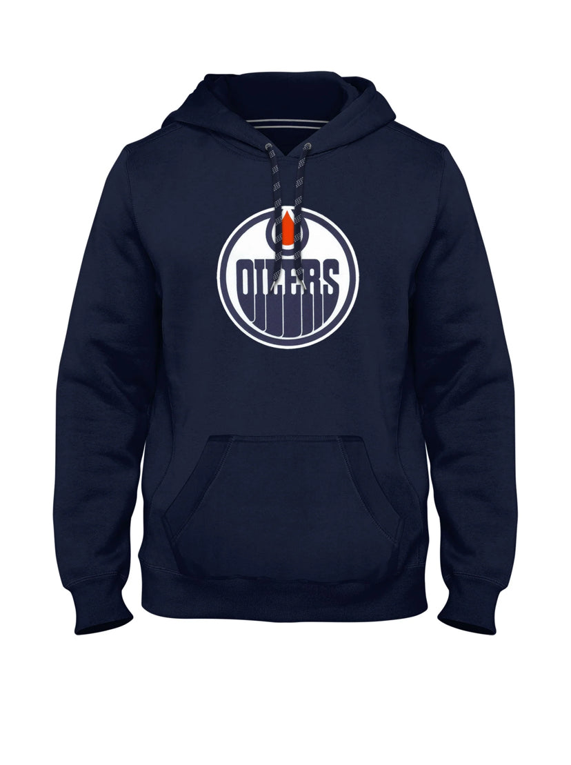 Men's Bulletin Edmonton Oilers Team Logo Express Twill Navy Blue Pullover NHL Hoodie