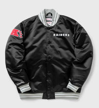 Load image into Gallery viewer, Las Vegas Raiders Mitchell &amp; Ness Heavyweight Black Satin Varsity Jacket
