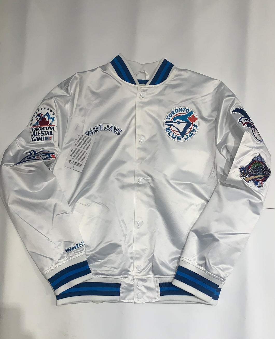 Toronto Blue Jays Mitchell & Ness Heavyweight White Satin Varsity Jacket