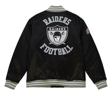 Load image into Gallery viewer, Las Vegas Raiders Mitchell &amp; Ness Heavyweight Black Satin Varsity Jacket
