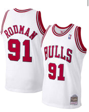 Load image into Gallery viewer, Men’s Mitchell &amp; Ness Dennis Rodman Chicago Bulls White NBA Hardwood Classics Swingman Jersey
