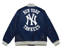 Load image into Gallery viewer, Men&#39;s New York Yankees Mitchell &amp; Ness Heavyweight Navy Blue Satin Varsity MLB Jacket
