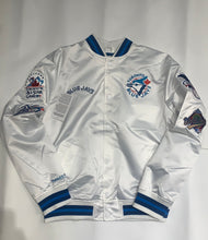 Load image into Gallery viewer, Toronto Blue Jays Mitchell &amp; Ness Heavyweight White Satin Varsity Jacket

