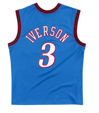 Load image into Gallery viewer, Men&#39;s Mitchell &amp; Ness Allen Iverson Philadelphia 76ers Blue NBA Hardwood Classics Swingman Jersey
