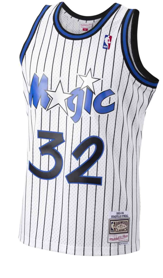 Men's Mitchell & Ness Shaquille O'Neal Orlando Magic White Pinstripe NBA Hardwood Classics Swingman Jersey