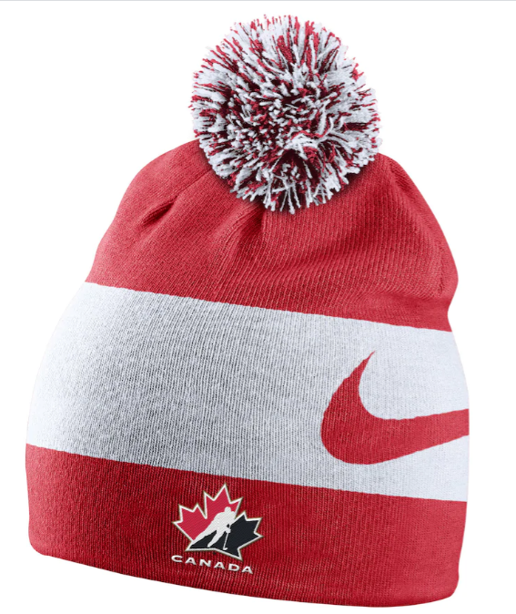 Nike Red Hockey Canada Swoosh With Pom Stripe Knit Beanie/Toque