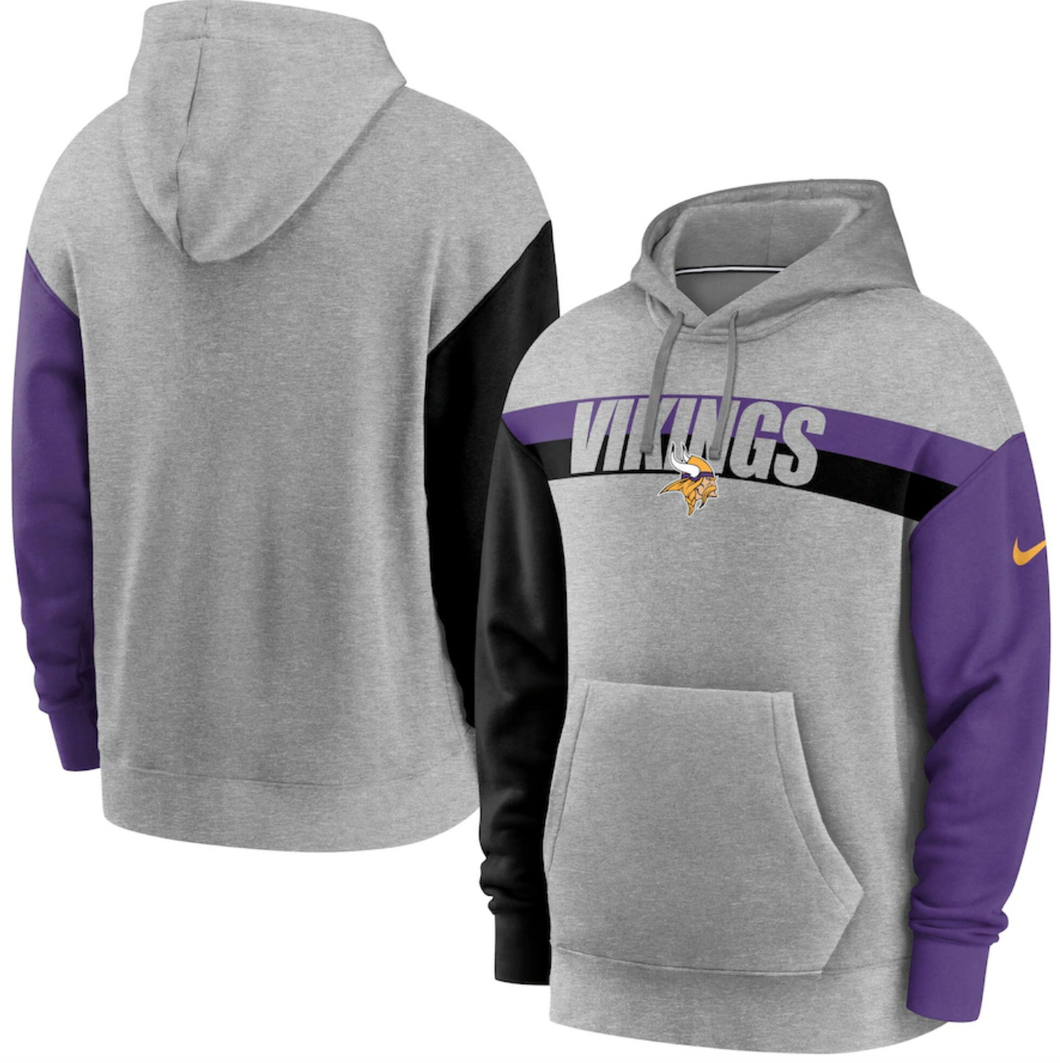 Minnesota Vikings Nike Wordmark Long Sleeve Heritage Hoodie - Dark Grey Heather / Court Purple / Black - Mens