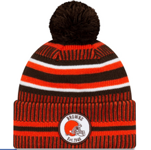 Load image into Gallery viewer, Cleveland Browns New Era 2020 NFL Sideline Official Sport Pom Cuffed Knit Hat/Toque
