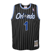 Load image into Gallery viewer, Men&#39;s Mitchell &amp; Ness Penny Hardaway Orlando Magic Black Pinstripe NBA Hardwood Classics Swingman Jersey
