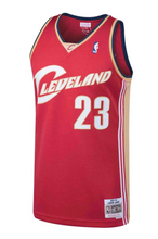 Load image into Gallery viewer, Men&#39;s Mitchell &amp; Ness Lebron James Cleaveland Cavaliers Red NBA Hardwood Classics Swingman Jersey
