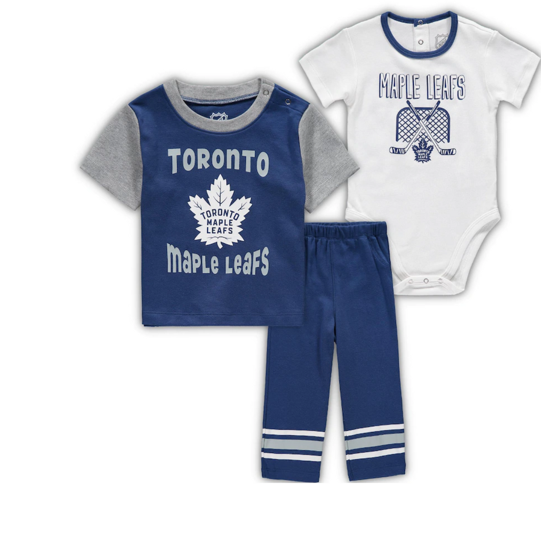 Infant Toronto Maple Leafs Blue/White Rookie 3-Piece Bodysuit, T-Shirt and Pants Set