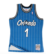 Load image into Gallery viewer, Men&#39;s Mitchell &amp; Ness Penny Hardaway Orlando Magic Blue Pinstripe NBA Hardwood Classics Swingman Jersey
