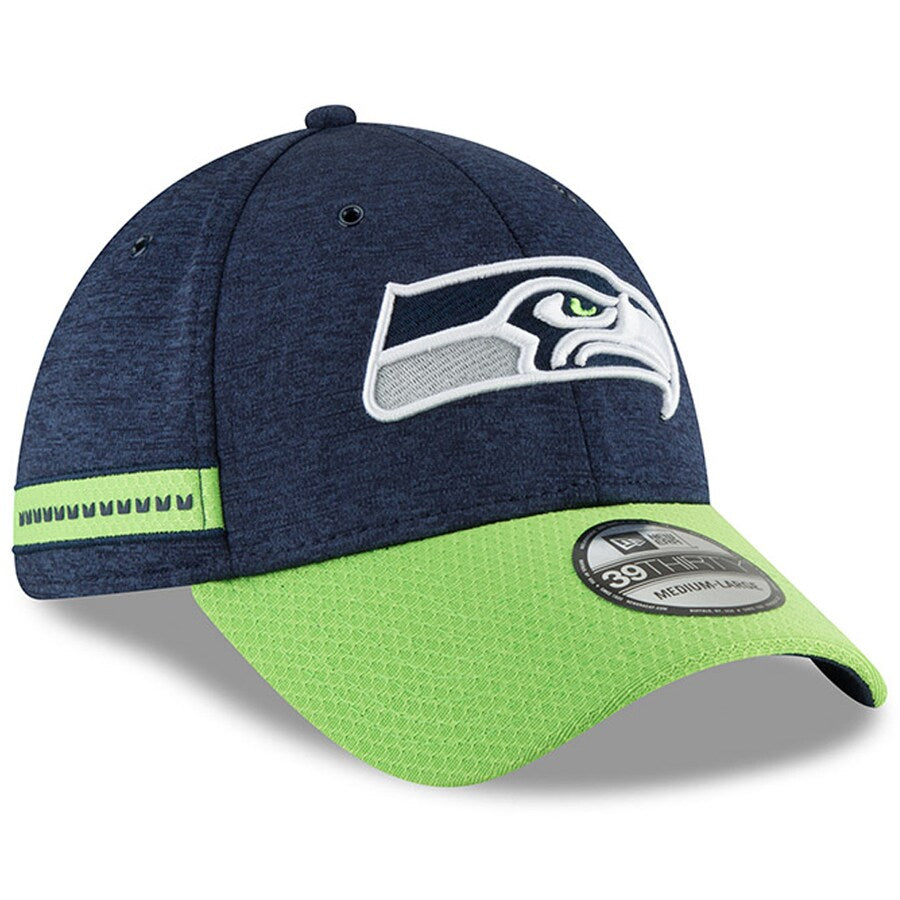Men's New Era Navy/Neon Green Seattle Seahawks 2018 NFL Sideline Home Official 39THIRTY Flex Hat